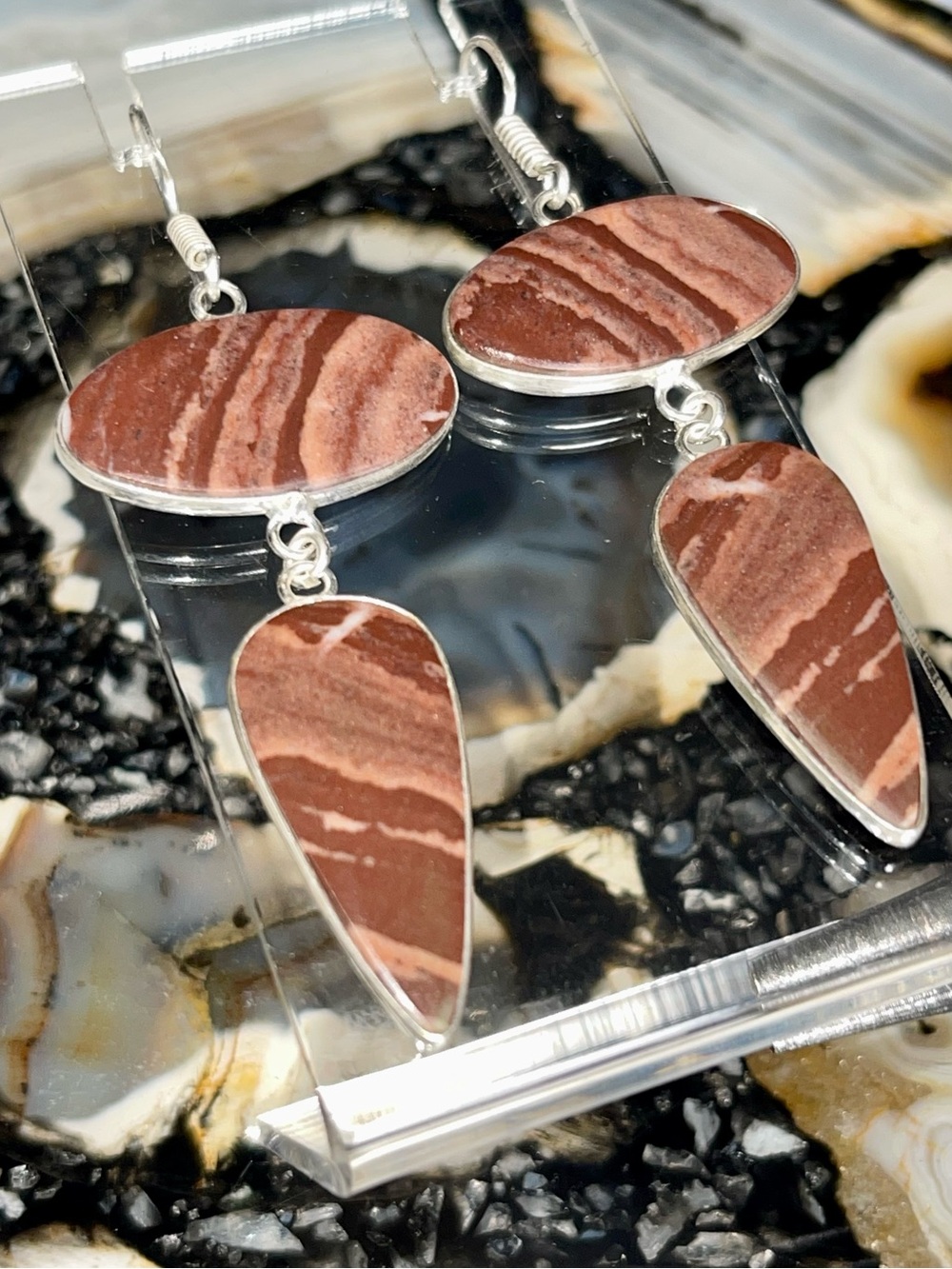 Natural Brown Banded Coco Nova Jasper Crystal Earrings 2 1/2”